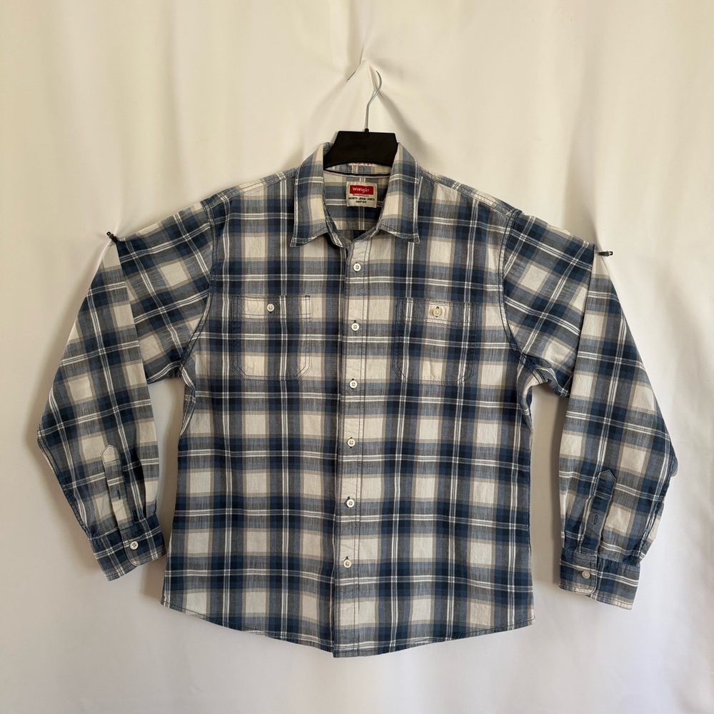 Wrangler Men’s Blue White Plaid Flex for Comfort Work Long-sleeve Button-down XL